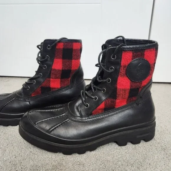 Polo Ralph Lauren Udel Men's Duck Boots Black Red Plaid Size 10.5 - Picture 3 of 12